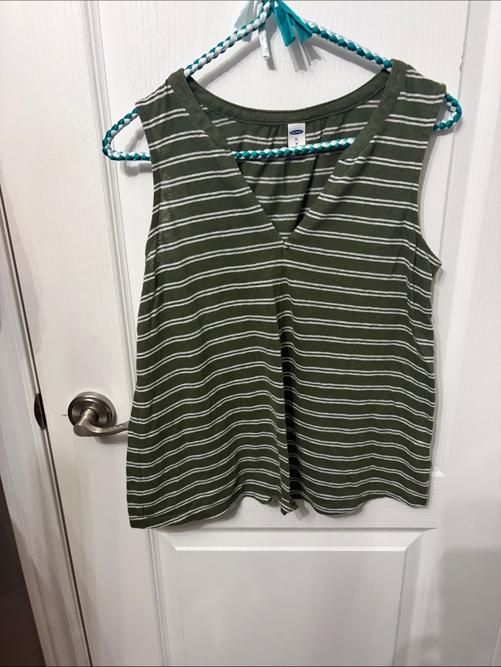 Old Navy Olive Green & White Striped V-Neck Tank Top